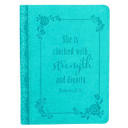 Strength and Dignity Proverbs 31 Woman Bible Verse Teal Faux Leather Journal Handy-sized Flexcover Inspirational Notebook w/Ribbon, Lined Pages, Gilt Edges, 5.5 x 7 Inches