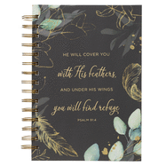 Christian Art Gifts Journal w/Scripture He Will Cover You With His Feathers Psalm 91:4 Bible Verse Teal and Gold 192 Ruled Pages, Large Hardcover Notebook, Wire Bound