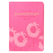 Classic Faux Leather Journal In All Things Romans 8:28 Pink Sunflowers Inspirational Notebook, Lined Pages w/Scripture, Ribbon Marker, Zipper Closure