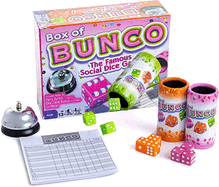 Continuum Games Box of Bunco Game Kit Party Box for Ladies Night 2-12 Players 3 Sets of Bunco Dice, Bell, and Score Pad for Game Night